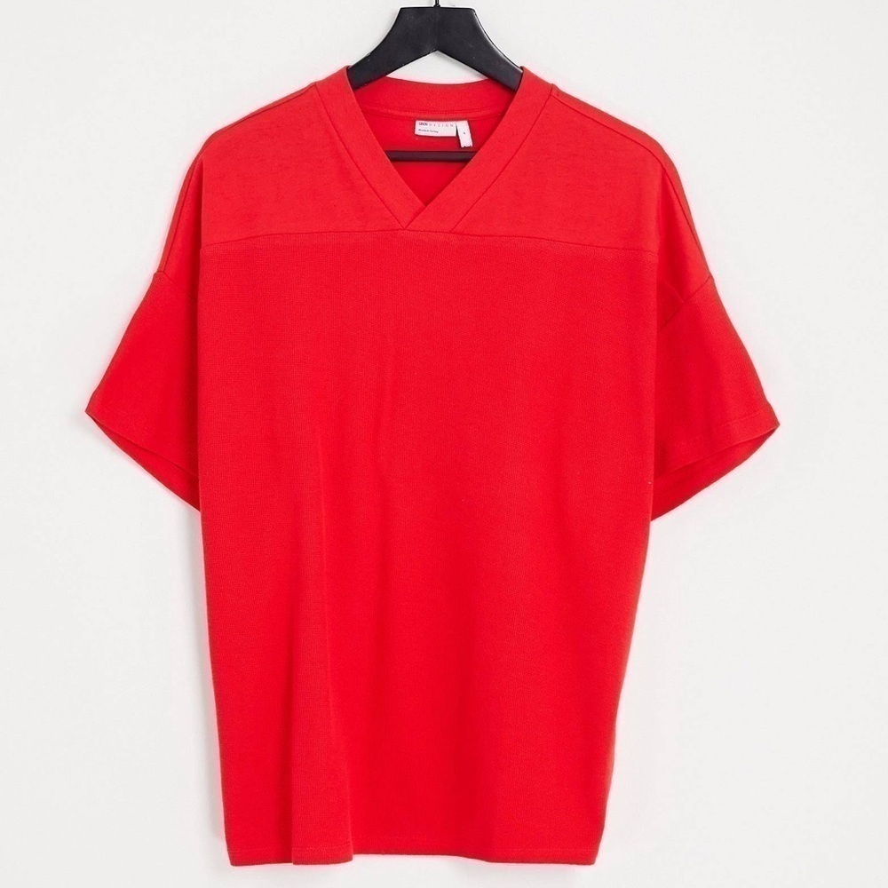 ASOS design red oversized cut and sew t-shirt with v-neck